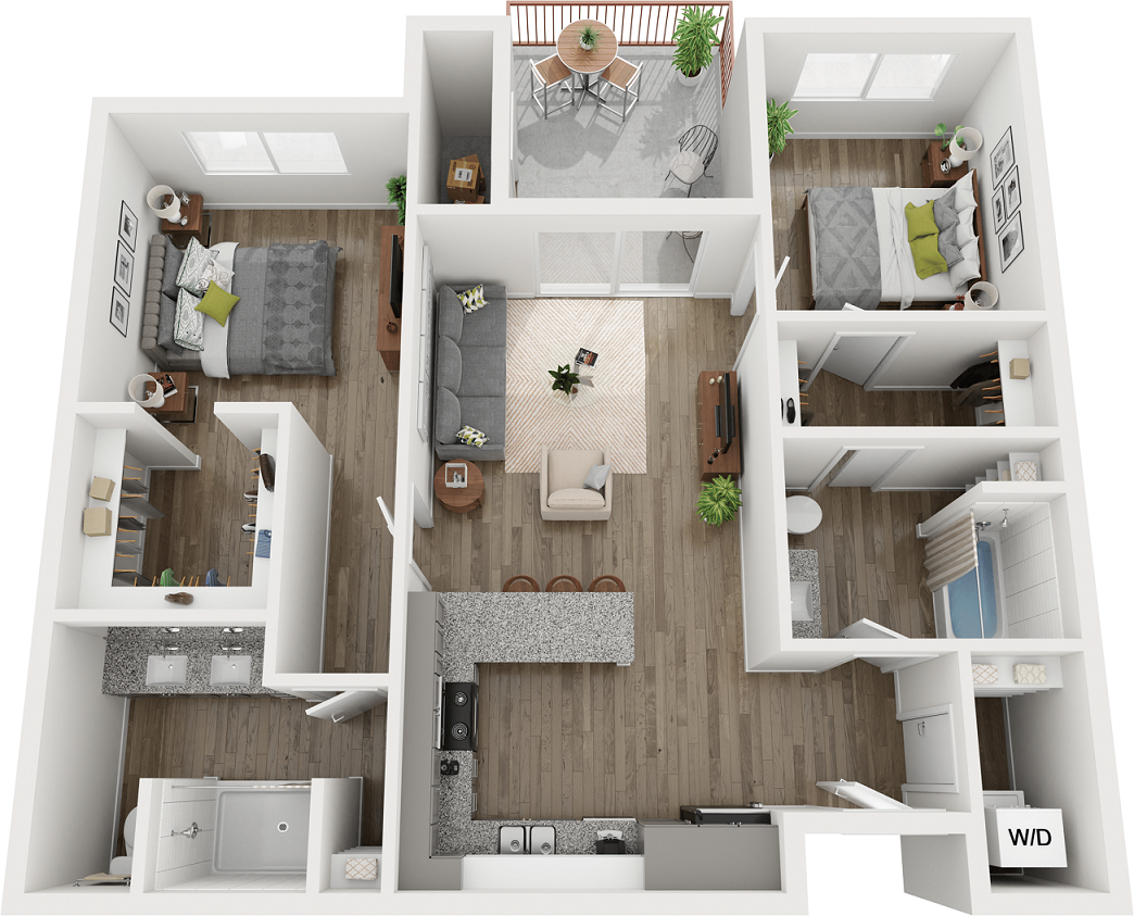 Floor plan for 2 beds, 2 baths, 949 sqft